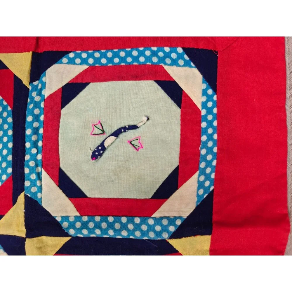 Vintage Handmade Red Throw Pillow Cover Embroidered Asian Oriental Patchwork